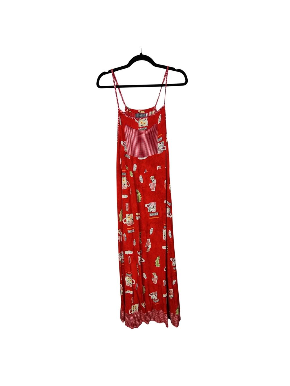 Vtg 90s Carol Anderson Red Novelty Tea Cup Leaf Print Gingham Midi Dress Large
